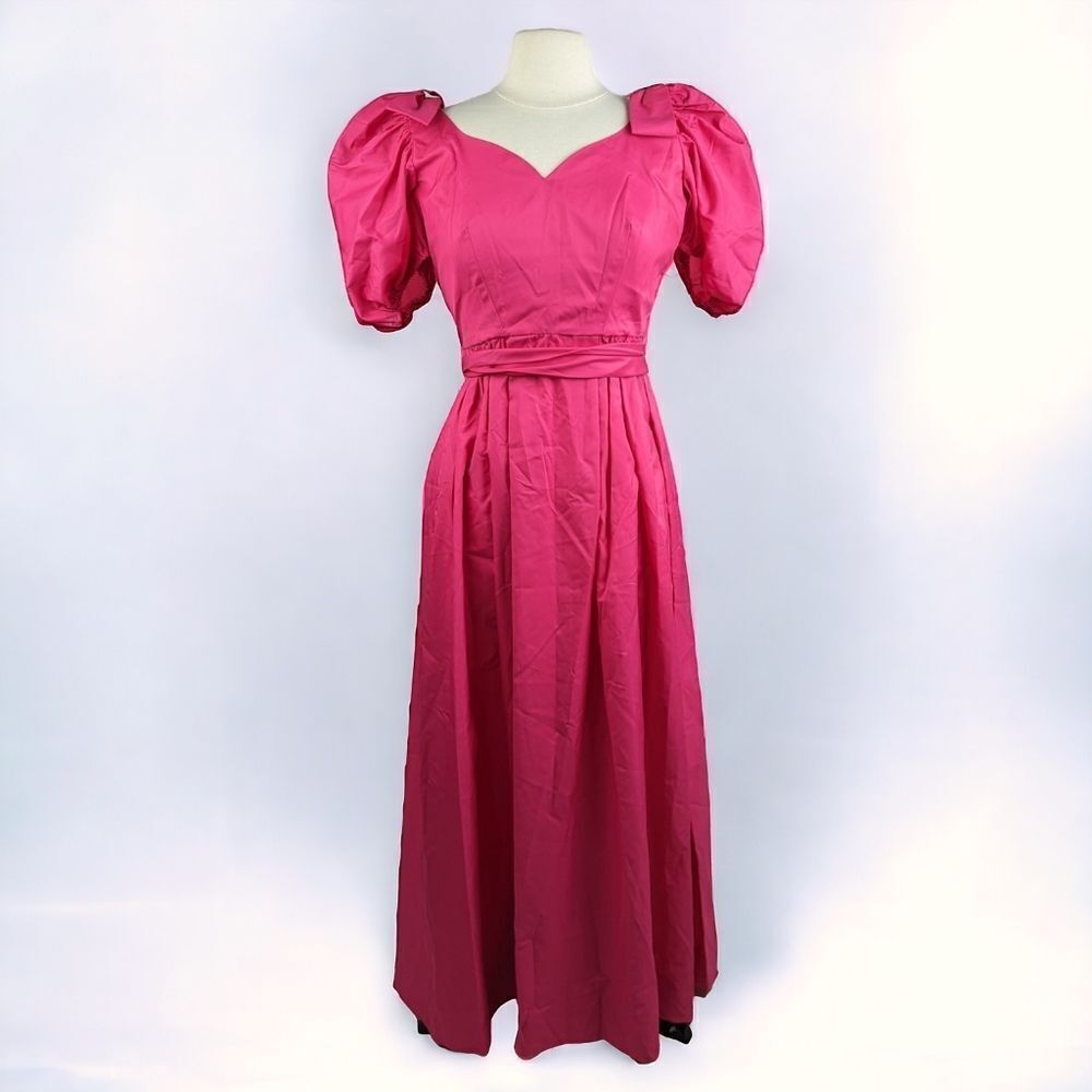 Vintage 70s Dark Pink Formal Gown Dress Bows Fit & Flare Size Small